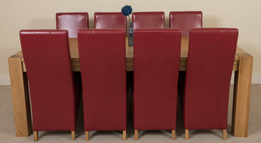 Kuba Extra Large Oak Dining Table with 8 Lola Burgundy Leather Chairs