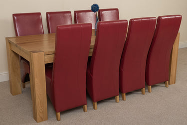Kuba Extra Large Oak Dining Table with 8 Lola Burgundy Leather Chairs