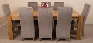 Kuba Extra Large Oak Dining Table with 8 Lola Grey Fabric Chairs