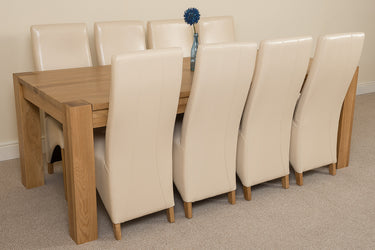 Kuba Extra Large Oak Dining Table with 8 Lola Ivory Leather Chairs