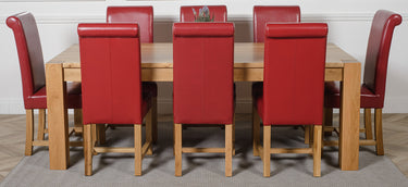 Kuba Extra Large Oak Dining Table with 8 Washington Burgundy Leather Chairs