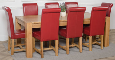 Kuba Extra Large Oak Dining Table with 8 Washington Burgundy Leather Chairs