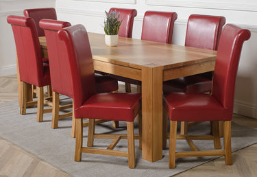 Kuba Extra Large Oak Dining Table with 8 Washington Burgundy Leather Chairs