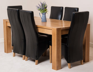Kuba Large Oak Dining Table with 6 Lola Black Leather Chairs