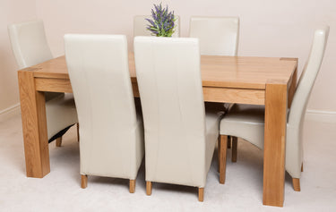 Kuba Large Oak Dining Table with 6 Lola Ivory Leather Chairs
