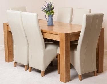 Kuba Large Oak Dining Table with 6 Lola Ivory Leather Chairs