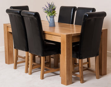 Kuba Large Oak Dining Table with 6 Washington Black Leather Chairs