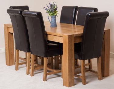 Kuba Large Oak Dining Table with 6 Washington Brown Leather Chairs