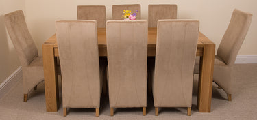 Kuba Large Oak Dining Table with 8 Lola Beige Fabric Chairs
