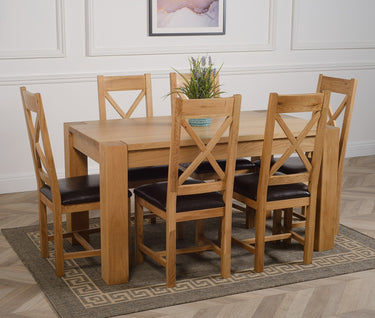 Kuba Medium Oak Dining Table with 6 Berkeley Oak & Brown Leather Chairs