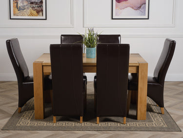 Kuba Medium Oak Dining Table with 6 Lola Brown Leather Chairs