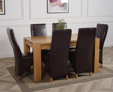 Kuba Medium Oak Dining Table with 6 Lola Brown Leather Chairs