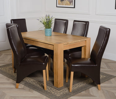 Kuba Medium Oak Dining Table with 6 Lola Brown Leather Chairs