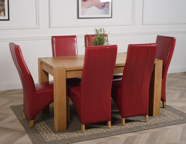 Kuba Medium Oak Dining Table with 6 Lola Burgundy Leather Chairs