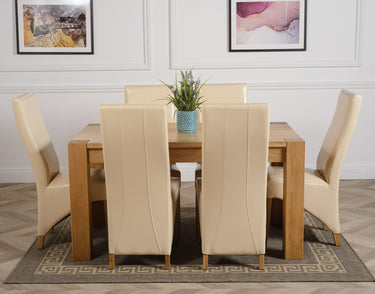 Kuba Medium Oak Dining Table with 6 Lola Ivory Leather Chairs