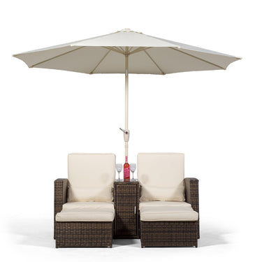 Nevada 2 Seat Armchair Sun Lounger Recliner with Stools and Parasol - Brown
