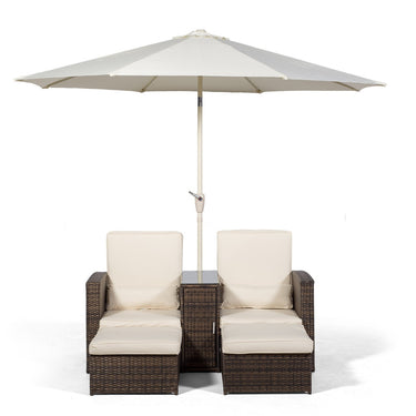 Nevada 2 Seat Armchair Sun Lounger Recliner with Stools and Parasol - Brown