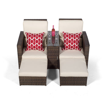 Nevada 2 Seat Armchair Sun Lounger Recliner with Stools and Parasol - Brown