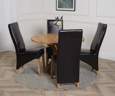 Oregon Round Oak Dining Table with 4 Lola Black Leather Chairs