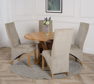 Oregon Round Oak Dining Table with 4 Lola Grey Fabric Chairs