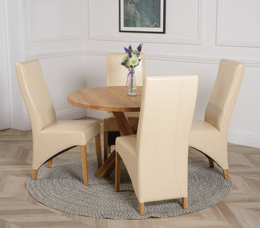 Oregon Round Oak Dining Table with 4 Lola Ivory Leather Chairs