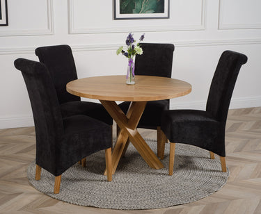 Oregon Round Oak Dining Table with 4 Montana Black Fabric Chairs