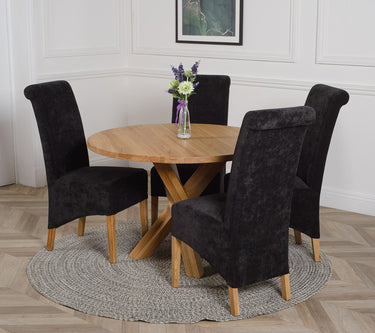 Oregon Round Oak Dining Table with 4 Montana Black Fabric Chairs