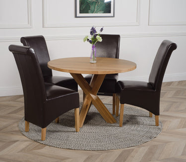 Oregon Round Oak Dining Table with 4 Montana Brown Leather Chairs