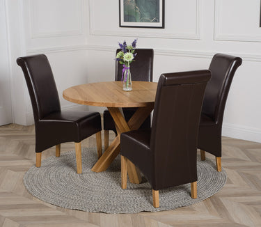 Oregon Round Oak Dining Table with 4 Montana Brown Leather Chairs