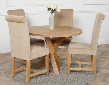 Oregon Round Oak Dining Table with 4 Washington Beige Fabric Chairs
