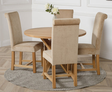 Oregon Round Oak Dining Table with 4 Washington Beige Fabric Chairs