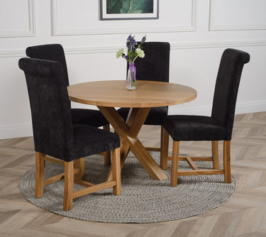 Oregon Round Oak Dining Table with 4 Washington Black Fabric Chairs