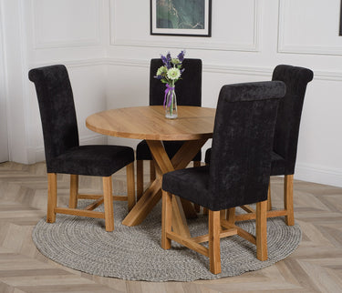 Oregon Round Oak Dining Table with 4 Washington Black Fabric Chairs