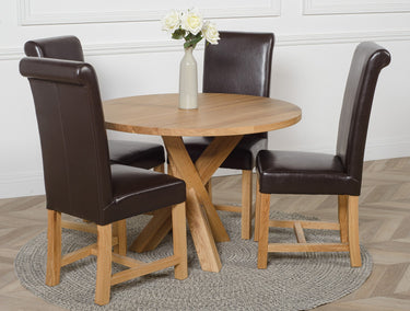 Oregon Round Oak Dining Table with 4 Washington Brown Leather Chairs