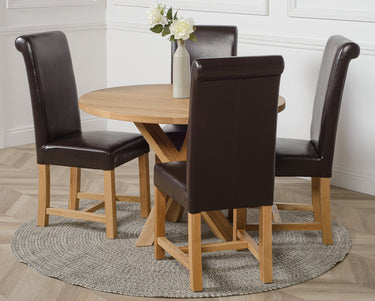 Oregon Round Oak Dining Table with 4 Washington Brown Leather Chairs