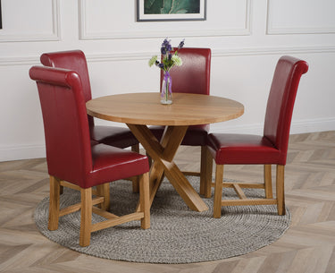 Oregon Round Oak Dining Table with 4 Washington Burgundy Leather Chairs
