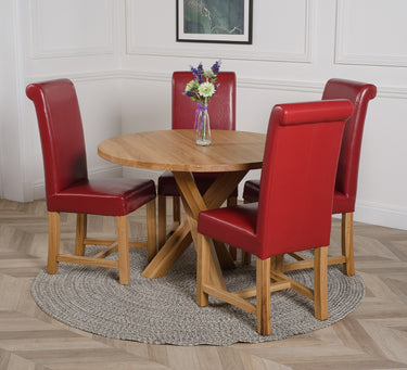 Oregon Round Oak Dining Table with 4 Washington Burgundy Leather Chairs