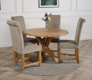 Oregon Round Oak Dining Table with 4 Washington Grey Fabric Chairs
