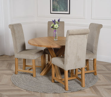 Oregon Round Oak Dining Table with 4 Washington Grey Fabric Chairs