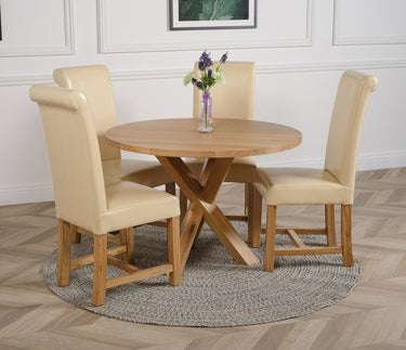 Oregon Round Oak Dining Table with 4 Washington Ivory Leather Chairs