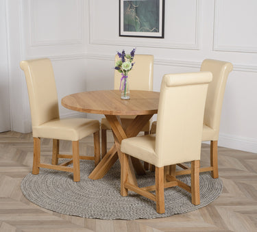 Oregon Round Oak Dining Table with 4 Washington Ivory Leather Chairs