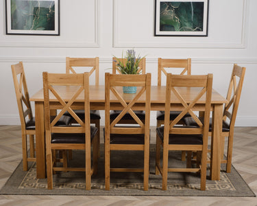 Oslo 180 x 90cm Large Oak Dining Set with 8 Berkeley Oak & Brown Leather Chairs