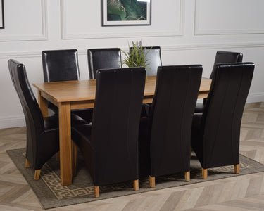 Oslo 180 x 90cm Large Oak Dining Set with 8 Lola Black Leather Chairs