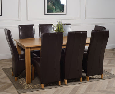 Oslo 180 x 90cm Large Oak Dining Set with 8 Lola Brown Leather Chairs