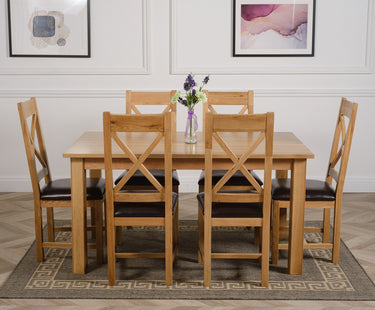 Oslo 150 x 90cm Medium Oak Dining Set with 6 Berkeley Oak & Brown Leather Chairs