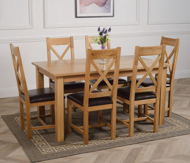 Oslo 150 x 90cm Medium Oak Dining Set with 6 Berkeley Oak & Brown Leather Chairs