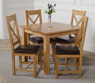 Oslo 90 x 90cm Small Square Oak Dining Set with 4 Berkeley Oak & Brown Leather Chairs