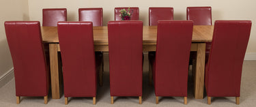Richmond Large Oak Extending Dining Table with 10 Lola Burgundy Leather Chairs
