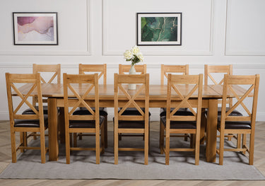 Richmond Large Oak Extending Dining Table with 10 Berkeley Oak and Brown Leather Chairs