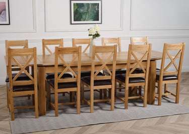 Richmond Large Oak Extending Dining Table with 10 Berkeley Oak and Brown Leather Chairs